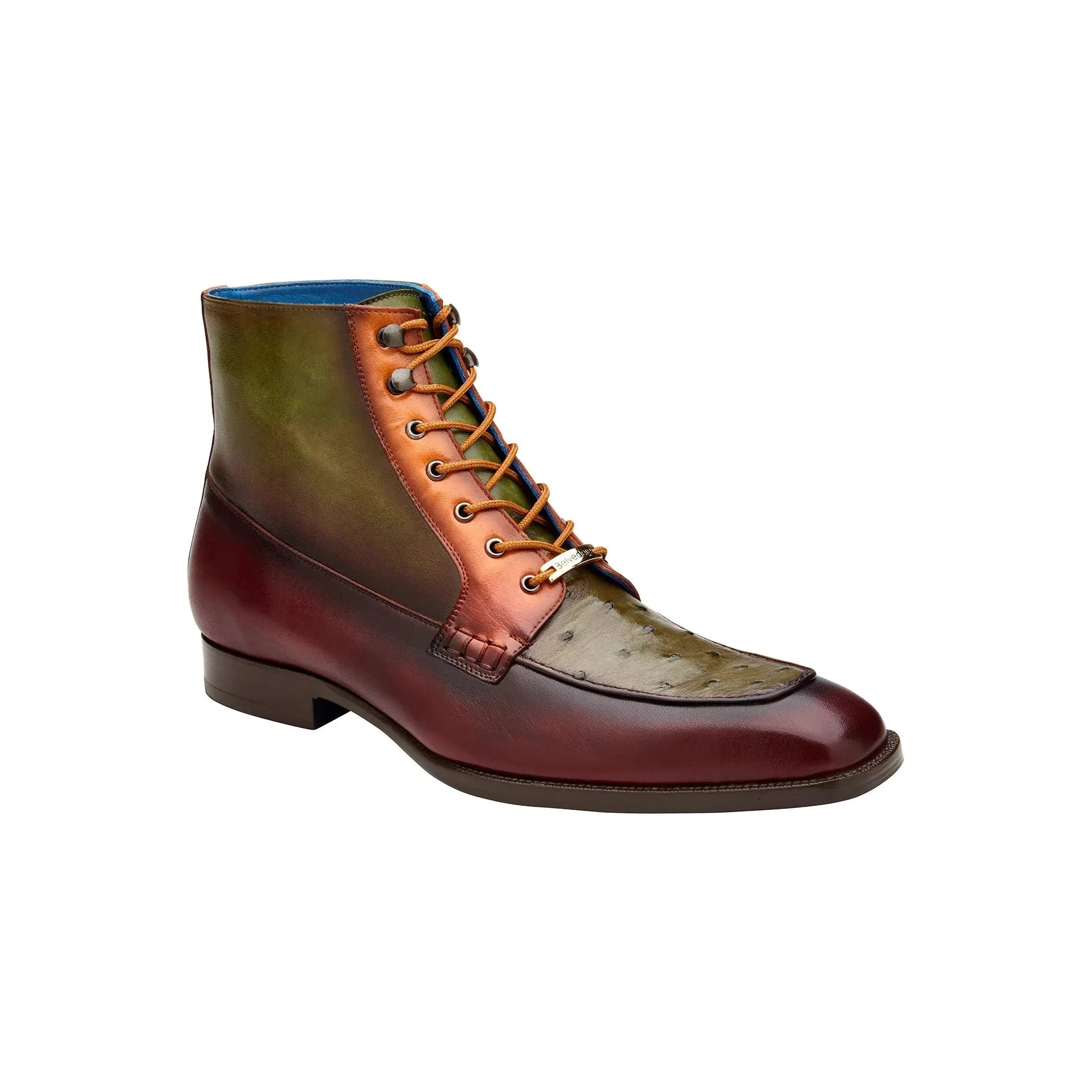 Botas de cuero italiano Belvedere Greco, borgoña y olivo, con pluma de avestruz: ¡R79! Elegancia y pasión.